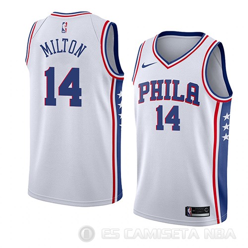 Camiseta Shake Milton #14 Philadelphia 76ers Association 2018 Blanco - Haga un click en la imagen para cerrar